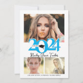 2024年はっきりしたグラッドキャップ3フォトコラージュブルー卒業 案内状 (正面)