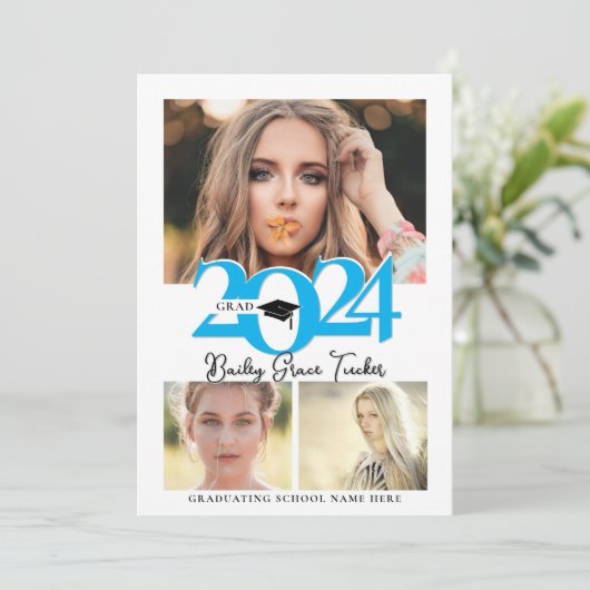 2024年はっきりしたグラッドキャップ3フォトコラージュブルー卒業 案内状 (スタンド正面)