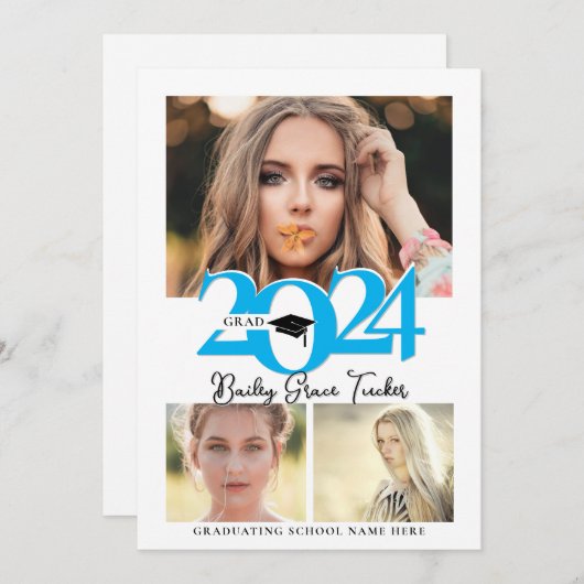 2024年はっきりしたグラッドキャップ3フォトコラージュブルー卒業 案内状 (正面/裏面)