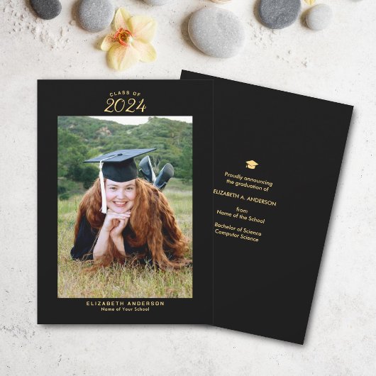 2024年エレガントのブラック金ゴールドクラス卒業写真 案内状