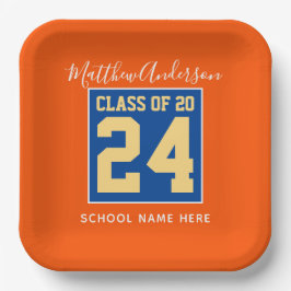 2024年オレンジブルー&金ゴールド卒業パーティーのクラス ペーパープレート