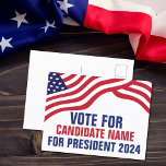 2024年カスタムの選挙運動候補者 ポストカード<br><div class="desc">赤、白、青のテキストの上にアメリカ国旗が表示されたカスタマイズ可能な政治的キャンペーン候補はがき。2024年の選挙で大統領または他の政治局のためのあなたの選択を追加。はっきりしたカスタム文字</div>