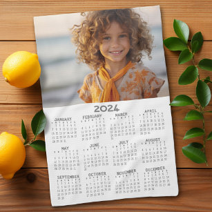 2024年カレンダーとフォトベーシック灰色の白 キッチンタオル