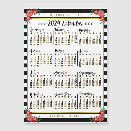 2024年カレンダー黒いストライプフローラ名磁石 (正面)