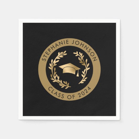 2024年クラスのブラックと金ゴールドの卒業パーティー スタンダードカクテルナプキン (正面)