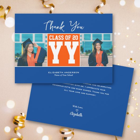2024年クラスのブルーオレンジ卒業写真コラージュ サンキューカード
