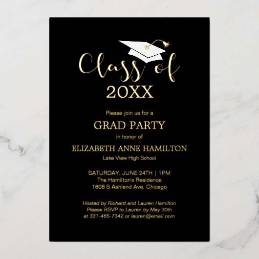 2024年クラス高校の大学院パーティーブラック金ゴールド 箔招待状 (正面)