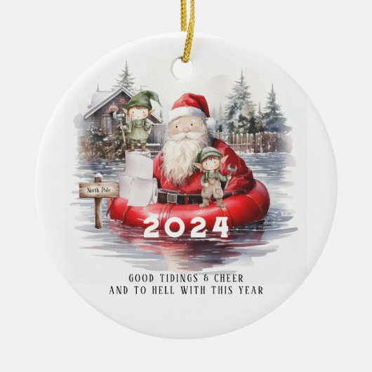 2024年サンタ 洪水に濡れた北極 ユーモアあふれるホリデー セラミックオーナメント (正面)