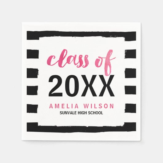 2024年ストライプ卒業のシックな黒いピンクのクラス スタンダードカクテルナプキン (正面)