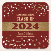 2024年パーソナライズされた卒業バーガンディ・レッド・クラス スクエアペーパーコースター (正面)