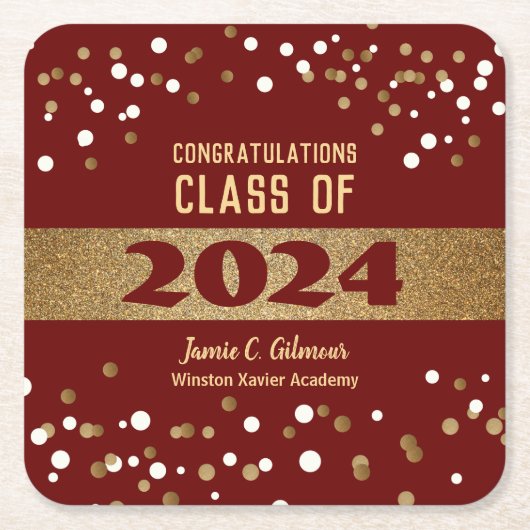 2024年パーソナライズされた卒業バーガンディ・レッド・クラス スクエアペーパーコースター (正面)