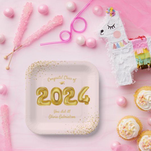 2024年ピンク金ゴールドバルーンの卒業クラスカスタム ペーパープレート (パーティー)