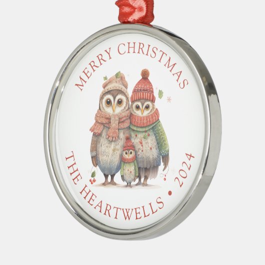 2024年フクロウパーソナライズされたファミリーメリークリスマス メタルオーナメント (左)