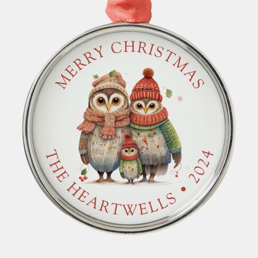 2024年フクロウパーソナライズされたファミリーメリークリスマス メタルオーナメント (正面)