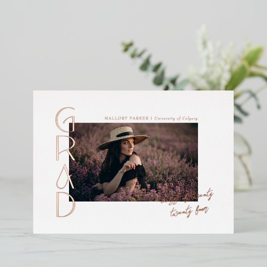 2024年モダンのミニマル授業6写真卒業 箔招待状 (立ち正面)