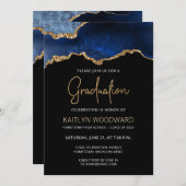 2024年卒業ブルー瑪瑙金ゴールドグリッター招待状 招待状 (正面/裏面)