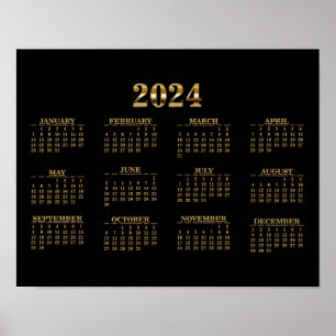 2024年壁掛けカレンダー ブラック/ゴールド ポスター