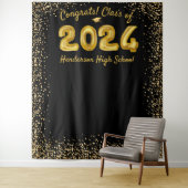 2024年度卒業式 ゴールド風船 黒写真背景 タペストリー (インサイチュ)