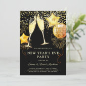2024年新年のイブパーティー金ゴールドグリッターオンブラック 招待状 (スタンド正面)