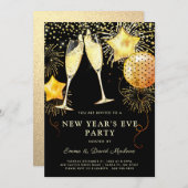 2024年新年のイブパーティー金ゴールドグリッターオンブラック 招待状 (正面/裏面)