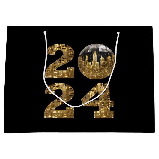 2024年新年の舞踏会 – NYC金ゴールド- ラージペーパーバッグ (正面)