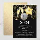 2024年新年会パーティー ゴールドグリッター オン ブラック I 招待状 (正面/裏面)
