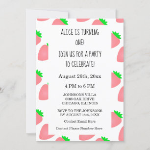 2024年最初の1歳の誕生日 ストロベリーピンクの赤ちゃん女の子 招待状