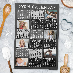 2024年月次カレンダー写真コラージュ黒モダン色 キッチンタオル