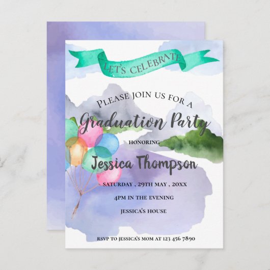 2024年水彩卒業かわいらしパーティーのクラス ポストカード (正面/裏面)