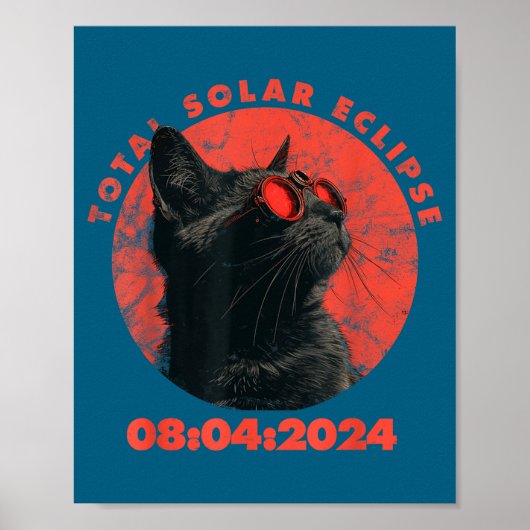 2024年皆既日食デザイン 楽しい猫とグラス ポスター (正面)