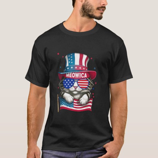 2024年7月4日Cat American Flag USAおもしろい Tシャツ (正面)
