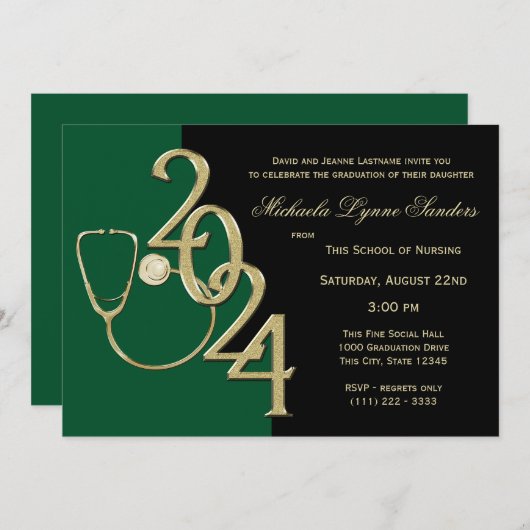 2024看護医療分野卒業グリーン金ゴールド 招待状 (正面/裏面)