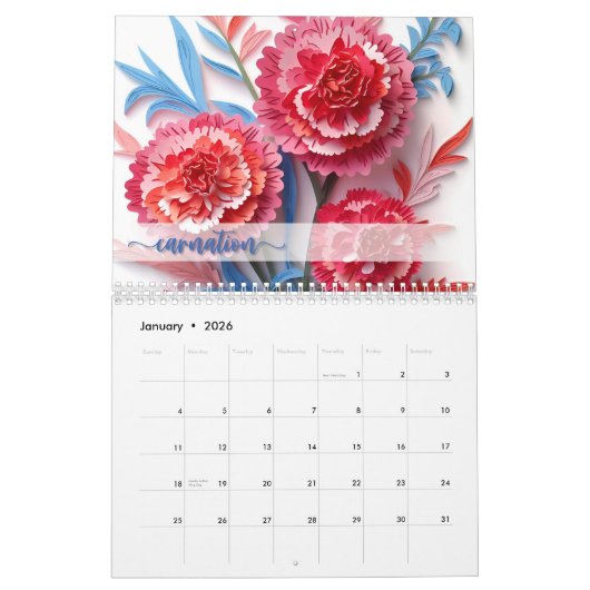 2024誕生月の花カレンダー紙アートフローラ カレンダー (1月 2026)