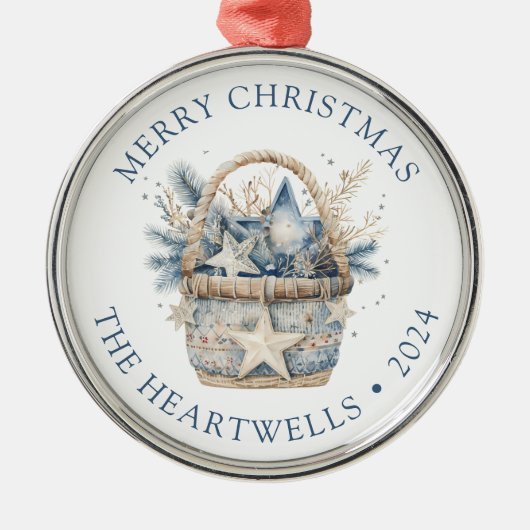 2024青いパーソナライズされたバスケットメリークリスマス メタルオーナメント (正面)