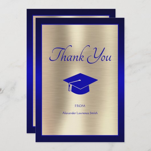 2024 エレガント卒業ありがとうスクリプトブルー金ゴールド サンキューカード (正面/裏面)