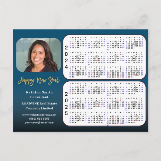 2024 2025カレンダーモダン金ゴールドブルービジネス写真 シーズンポストカード (正面)