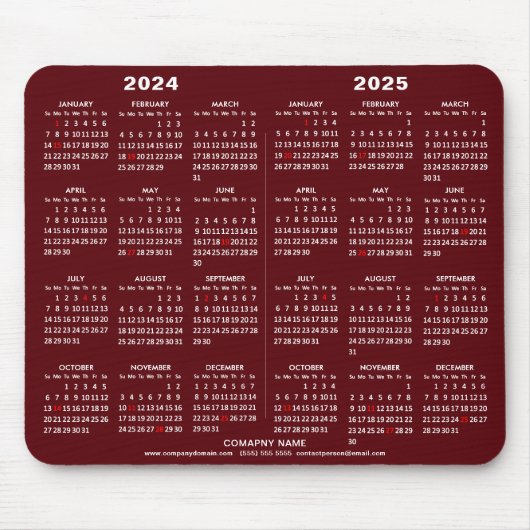 2024 - 2025 2年間カレンダー赤モダンビジネス マウスパッド (正面)