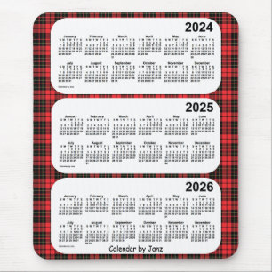 2024-2026赤い格子縞Janz著3年のカレンダー マウスパッド