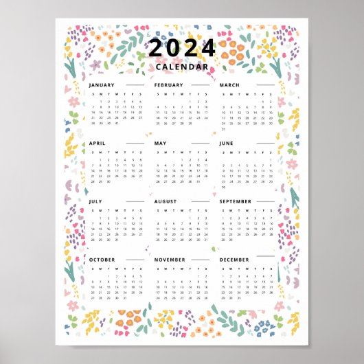 2024 At A Glance Calendar Wildflower Pattern ポスター (正面)