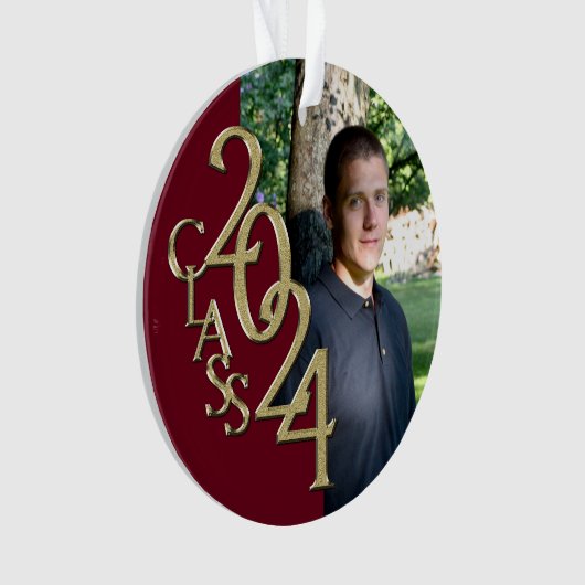 2024 Burgundyと金ゴールドの卒業写真 オーナメント (正面)