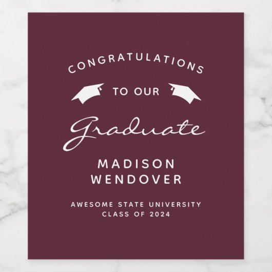 2024 Burgundy White Script Cap卒業 ワインラベル (シングルラベル)