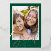 2024 CHRISTMAS PHOTOおもしろいスクリプト金ゴールドjoyful green 箔シーズンカード (正面)