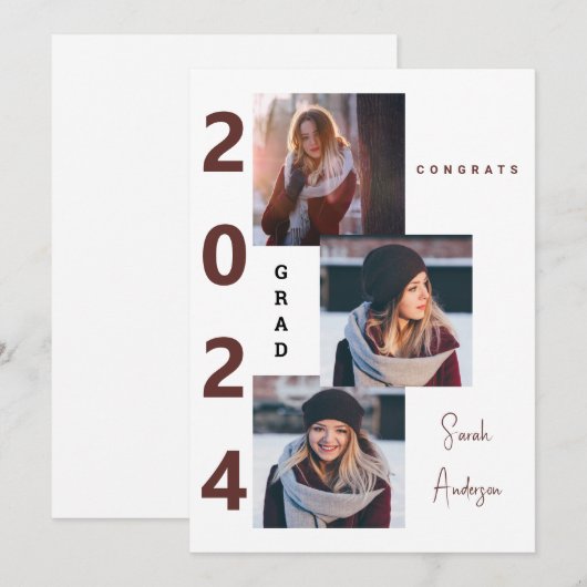 2024 Collage写真Burgundy Grad発表 招待状 (正面/裏面)