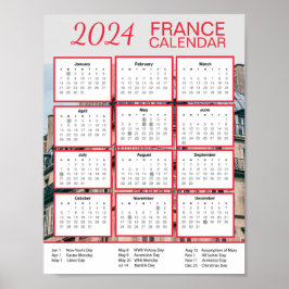 2024 France Calendar in EnglishダウンロードPdf 3.50 ポスター