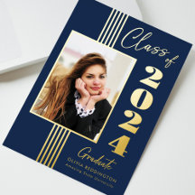 2024 Grad Announcement Photo Frame Navy Gold Foil