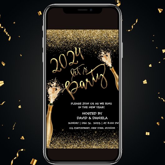 2024 Letsパーティーブラック金ゴールド新年招待状 招待状