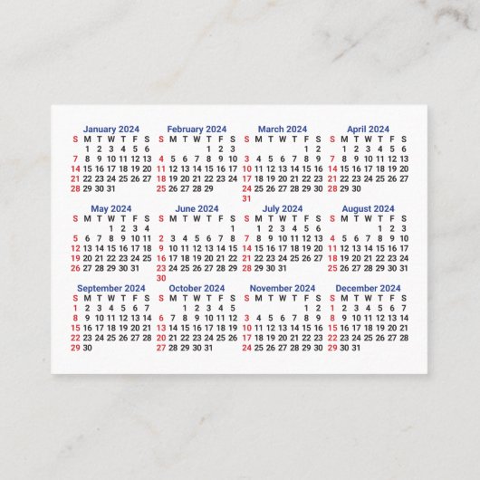 2024 Mini Calendar SUNDAY Start San Serifフォント 名刺 (裏面)