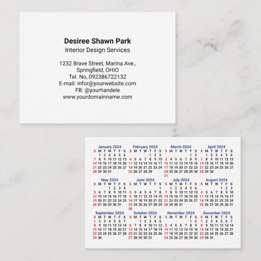 2024 Mini Calendar SUNDAY Start San Serifフォント 名刺 (正面/裏面)
