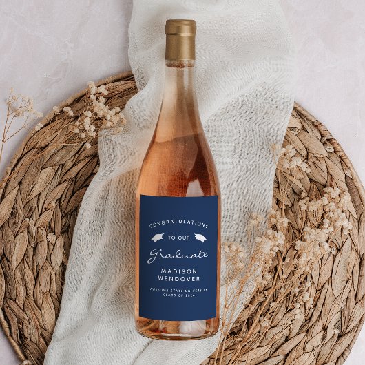 2024 Navy Blue White Script Cap卒業 ワインラベル