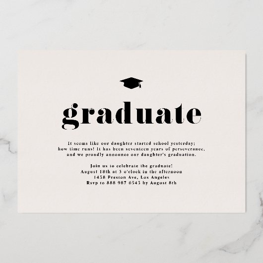 2025はっきりしたタイポグラフィ写真卒業バラ金ゴールド 箔招待状 (裏面)